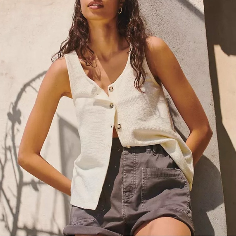 Madewell Cream Ottoman Jacquard Button-Front Tank Top Medium 100% Cotton Beachy